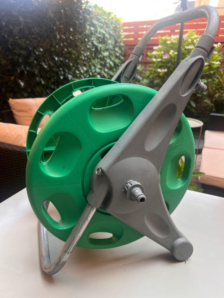 Green Garden Hose Reel on Stand, Good Condition