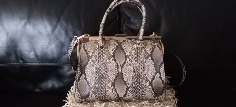 Stylish Snake Print Handbag with Gold Clasp –