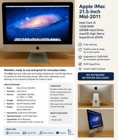 Apple iMac 21.5” Mid 2010 | Intel Core i3-540 3.06GHz | 12GB RAM
