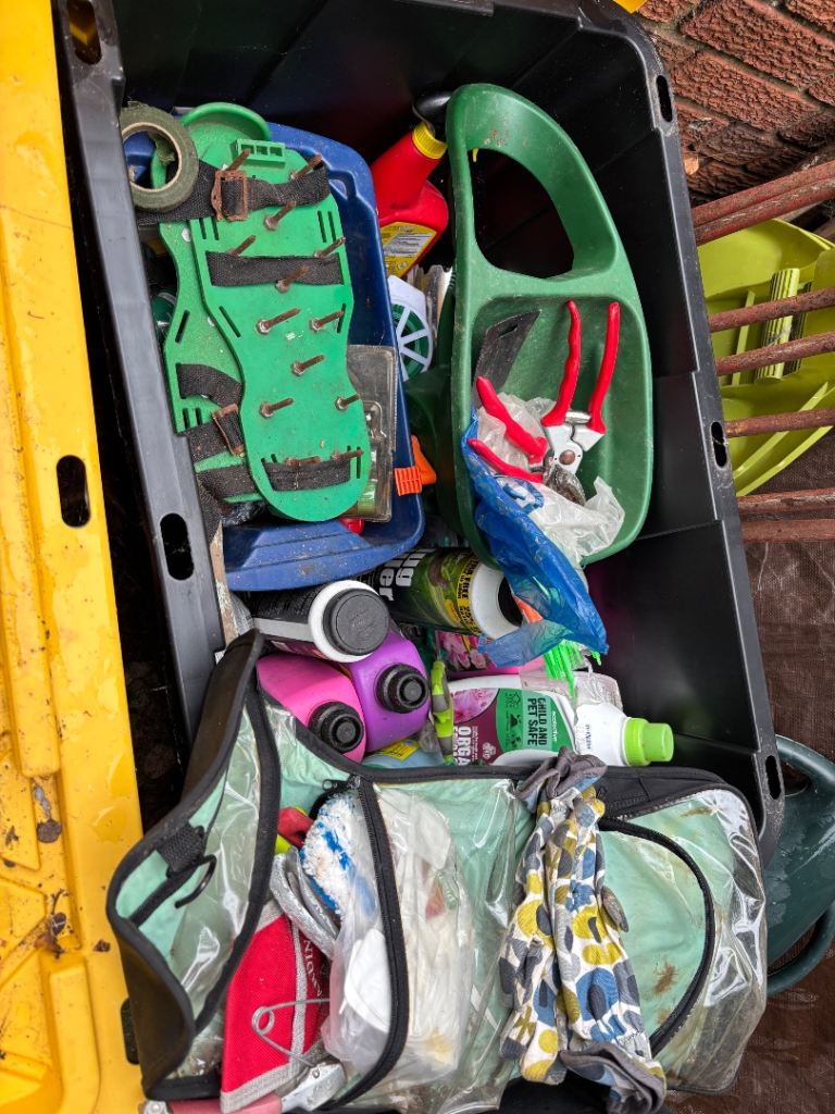 Box of various garden tools and accessories 
