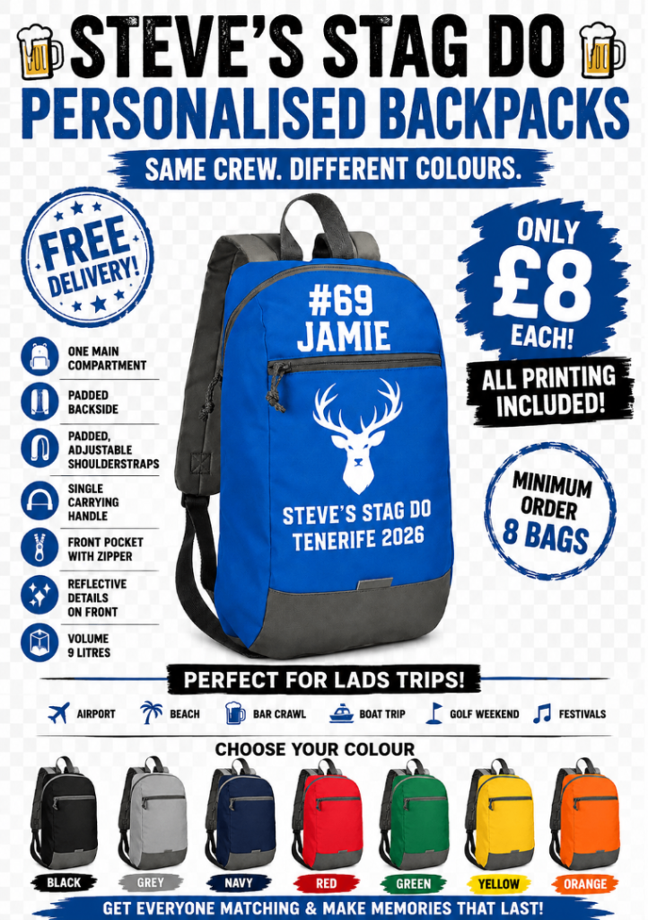 Personalised Stag Do Backpacks – New, Various Colours