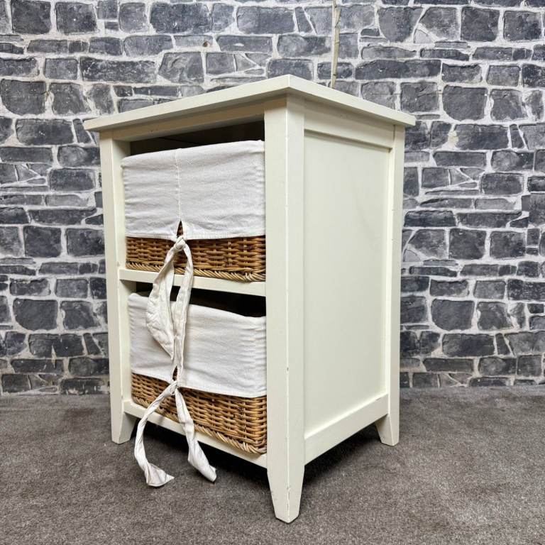 White Storage Unit with 2 Wicker Baskets