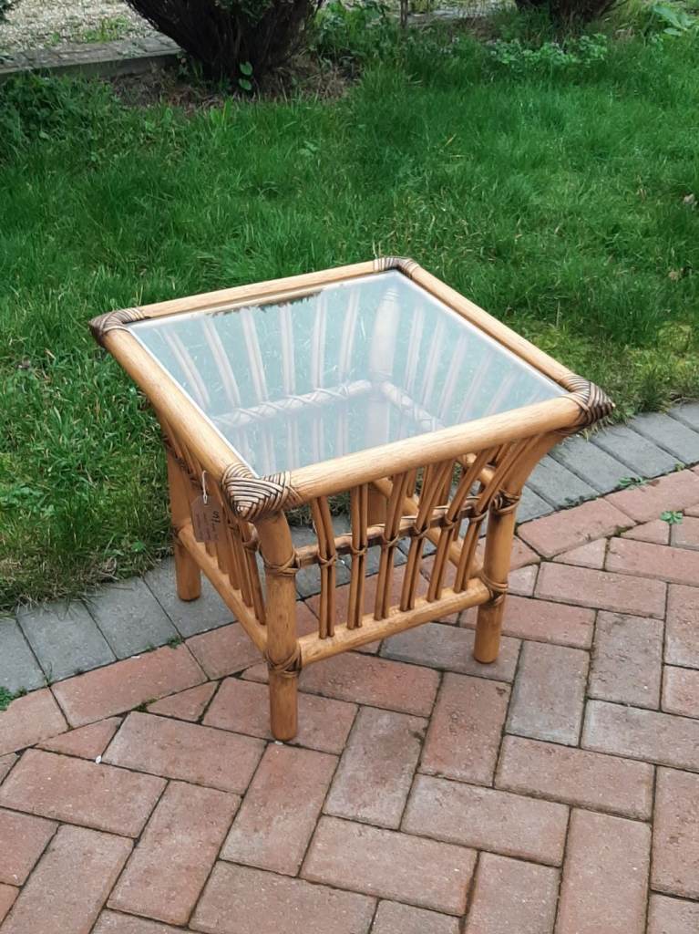 Bamboo and Glass-Topped Conservatory Side Coffee Table Vintage Mid-Century Retro Decor Square Small