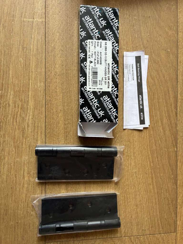 Door Hinges Atlantic Ball Bearing – Matt Black, Fire Rated (4" x 3") – New