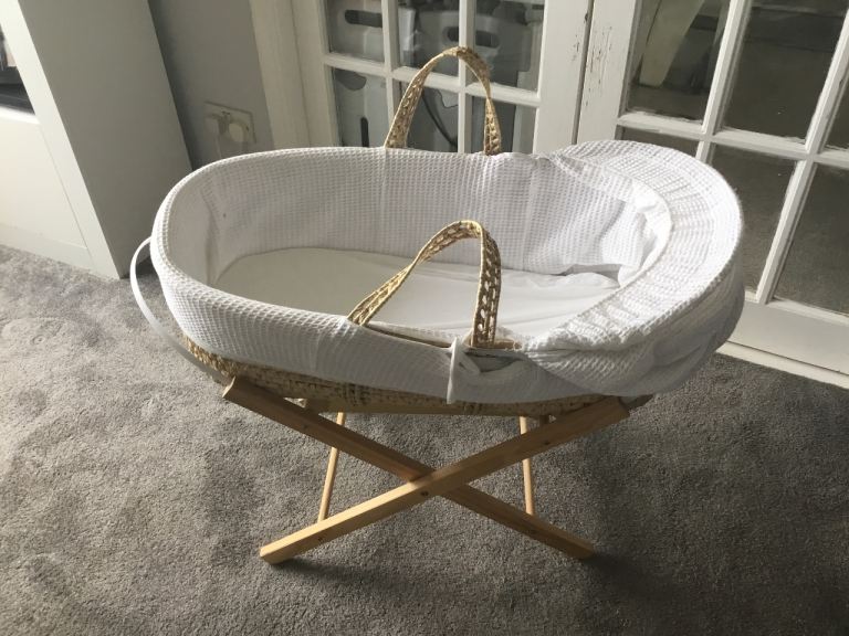 Moses Basket with Wooden Stand – White, As Good As New