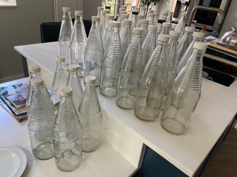 Large Job Lot of Clear Alpine pop Glass Bottles with Lids