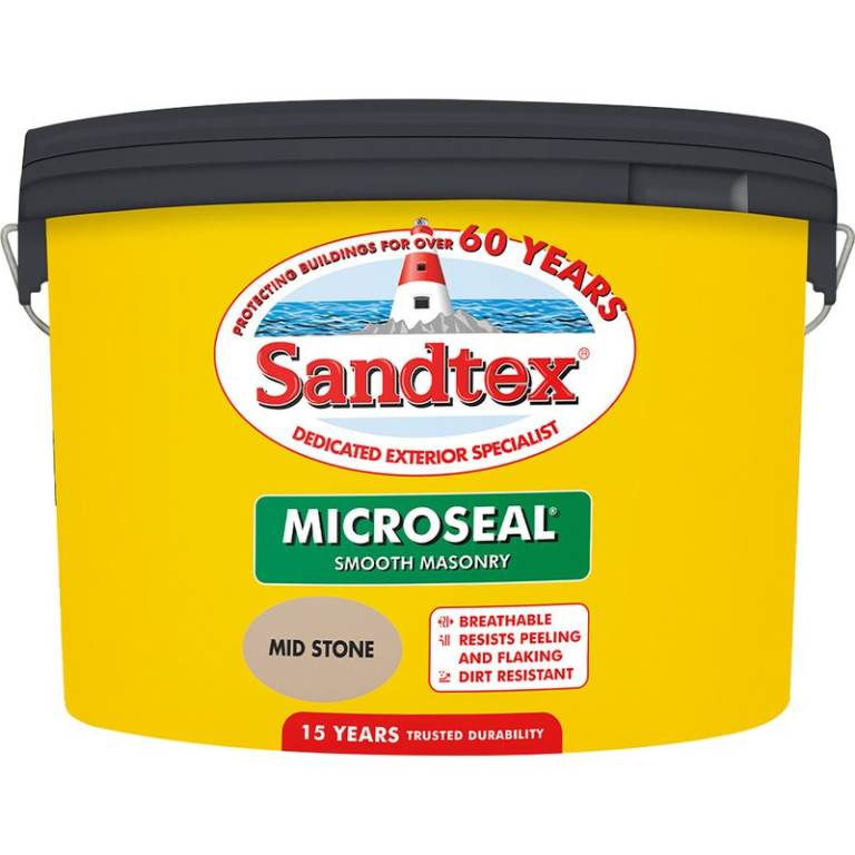 Brand New Sealed Large 10L Tubs Sandtex Microseal Smooth Masonry Paint – Mid Stone