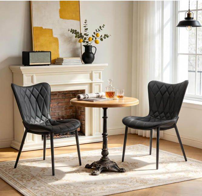Dining Chairs Set of 2 Faux Leather Accent Chairs Wingback Metal Legs Kitchen Reception Black