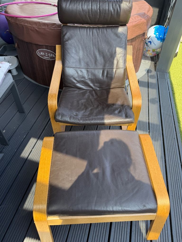 IKEA poang Comfy Brown Leather Armchair with Footstool – Good Condition