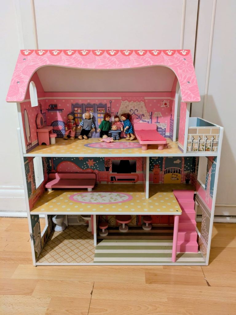 Medium Wooden Dolls House with Furniture & Family Figures – Great Condition
