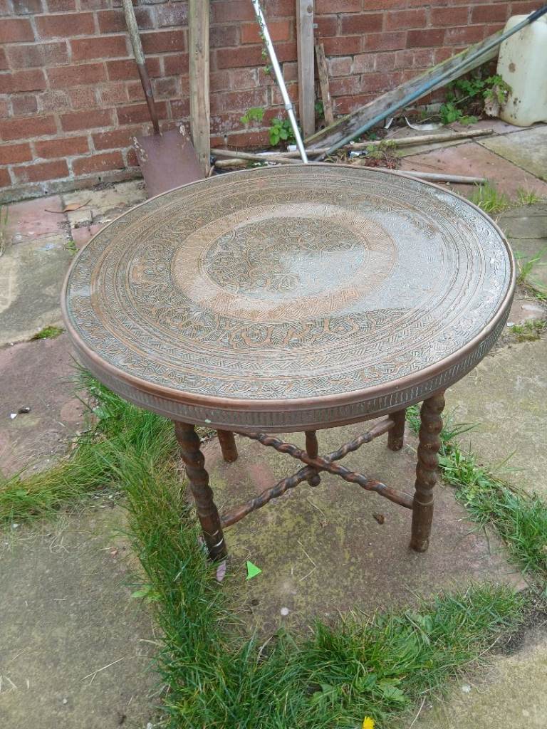 Vintage Wooden Side Table with Brass Tray Top