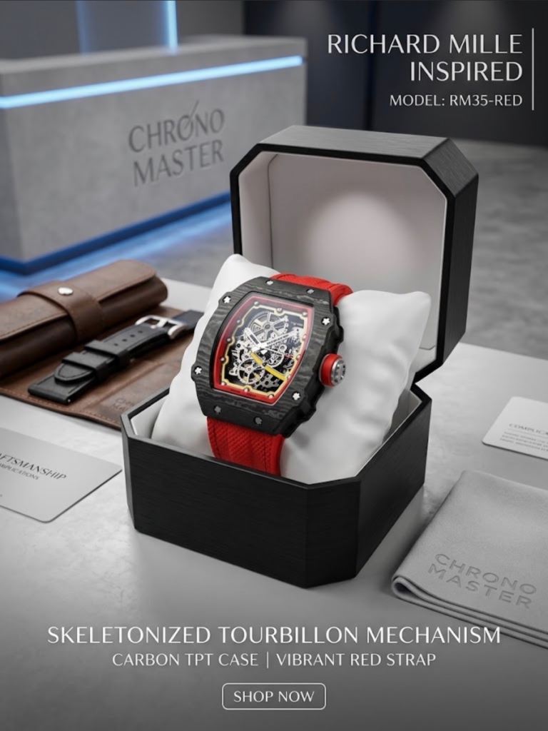 Richard Mille Inspired RM35-RED Skeleton Watch – Carbon TPT Case, Red Strap