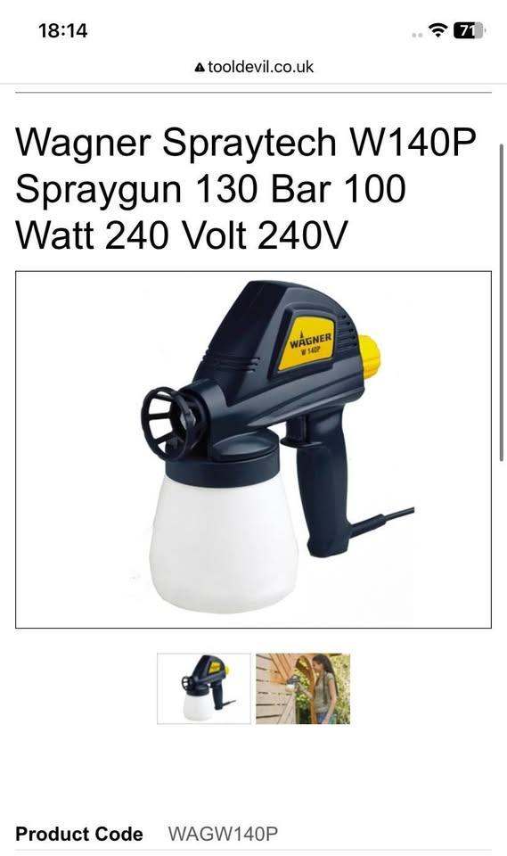 Wagner Spraytech W140P Spraygun 130 Bar 100 Watt 240 Volt 240V