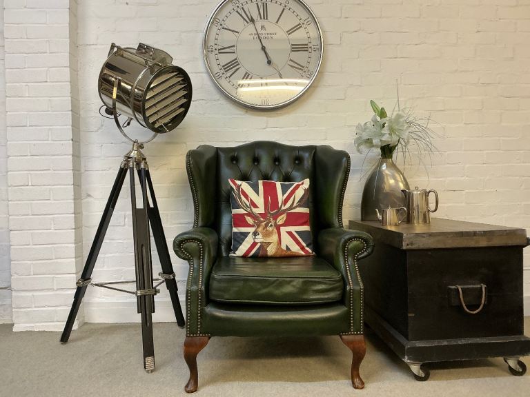 image for Vintage hunter green wingback Queen Anne Chesterfield armchair. Footstool available. Can deliver. 