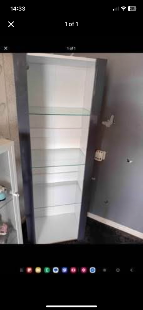 White Wooden Display Cabinet with Glass Shelves and led and coffee ...