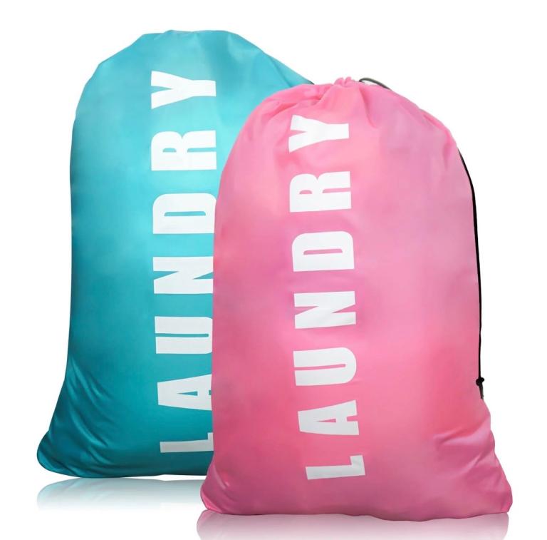 2-Pack Extra Large Travel Laundry Bags – Drawstring, Rip-Stop (Blue & Pink, 24” x 36”)