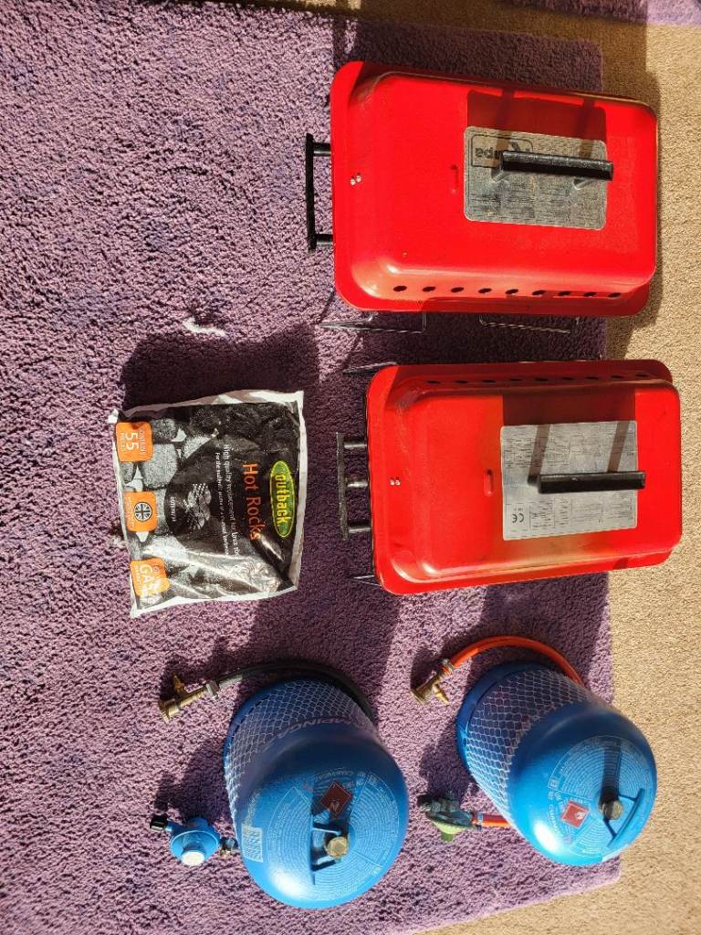 TWO USED PORTABLE TABLE TOP GAS BBQ'S WITH GAS CYLINDERS, REGULATORS AND PIPE