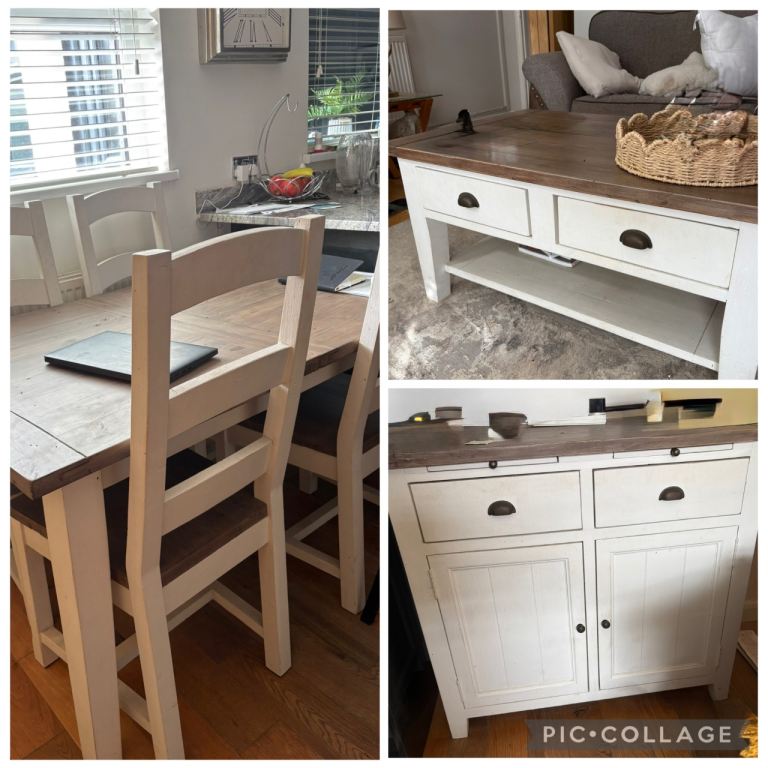 Dining table and chairs, coffee table and sideboard set.