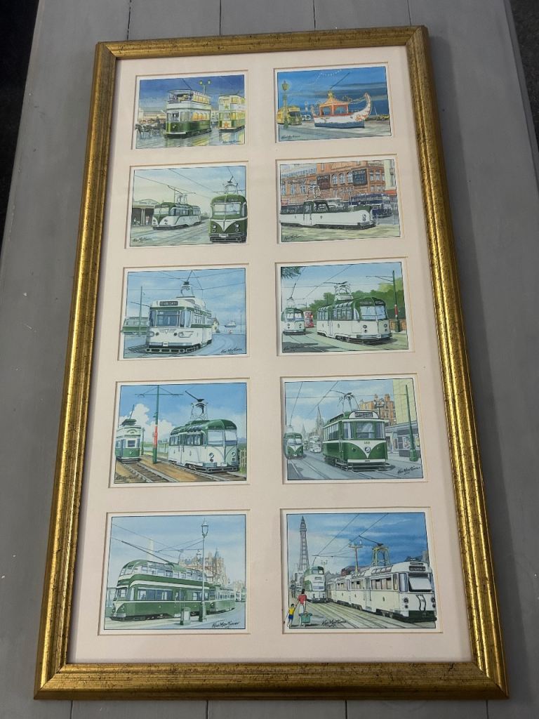 Framed Blackpool tram postcards 