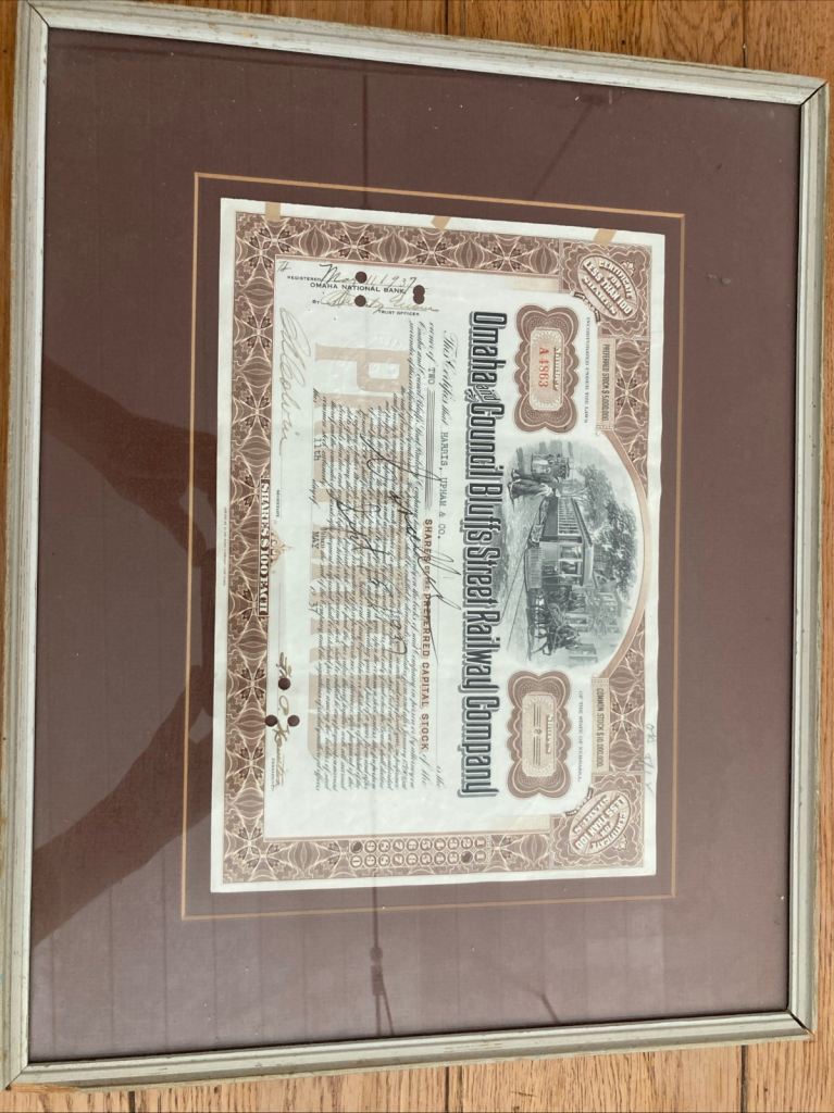 Omaha And Council Bluffs Street Railway Company Shares Certificate Signed
