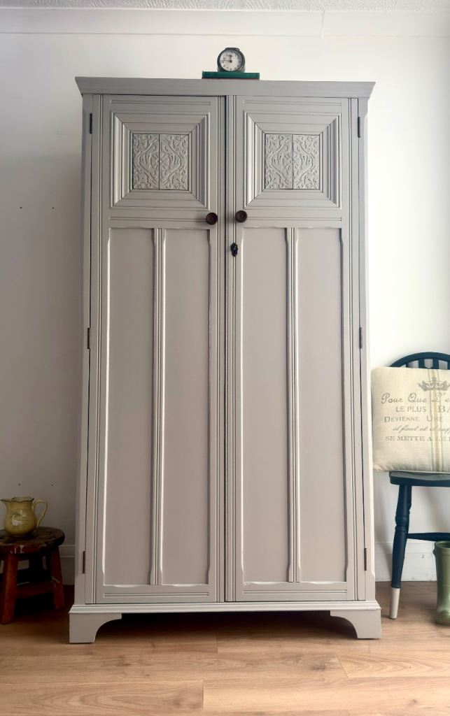 Restored Antique Grey Wooden Wardrobe with Hanging Rail