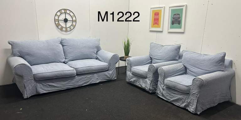 Colin’s & Hayes Pale Blue Sofa with Pair of Armchairs - Loose Covers 