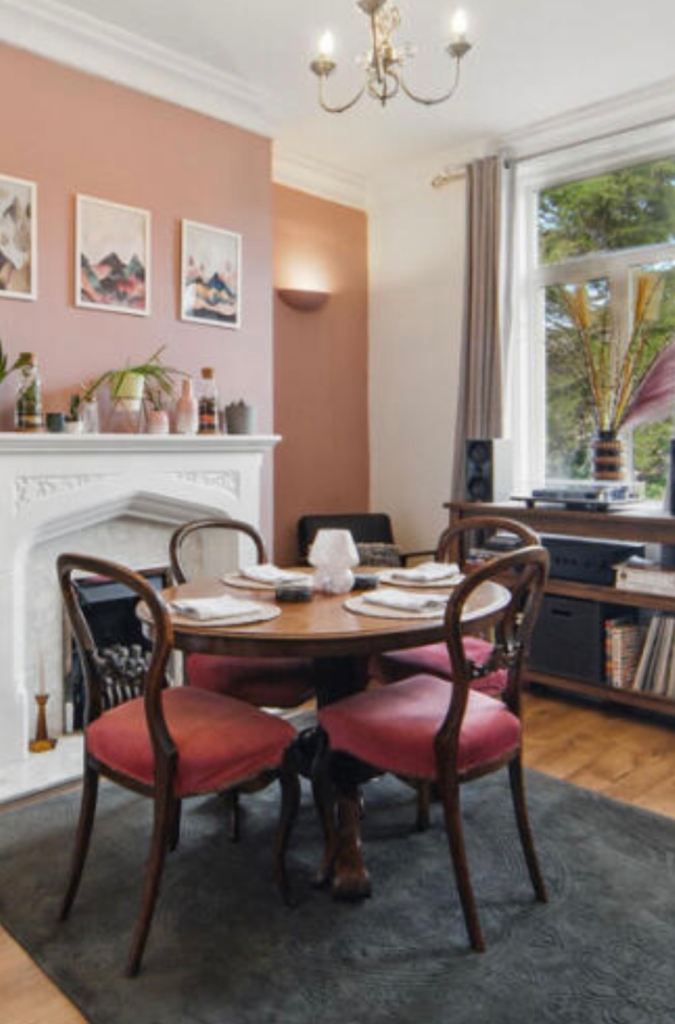 19th Century Dark Solid Wood Dining Table with Balloon Back Chairs