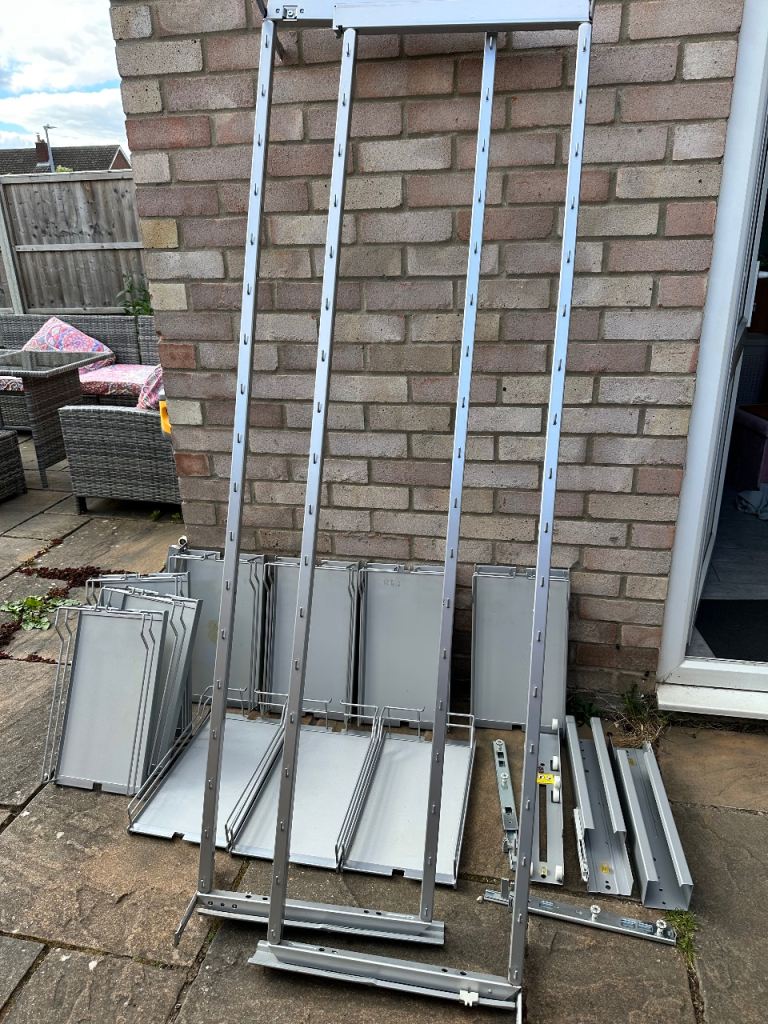 2 x metal inserts and trays for a pull out larder type kitchen cupboard