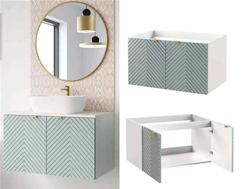 Bathroom Vanity Unit 800mm Wall Cabinet Floating Ribbed Fluted 2 Door Green Cara