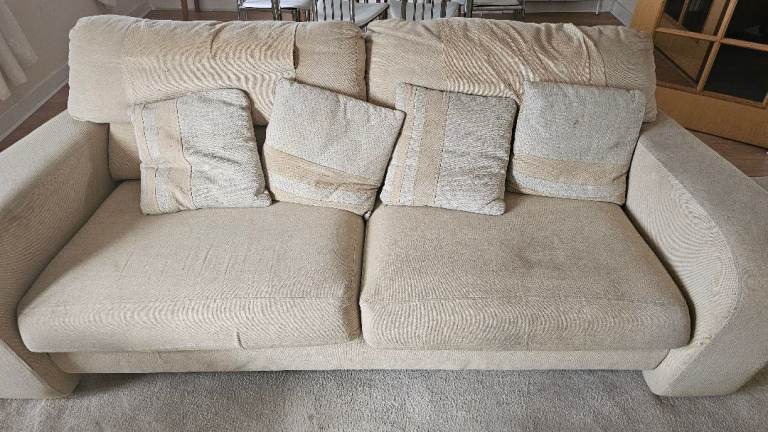 Beige Two-Seater Sofa with Matching Footstool – Fair Condition