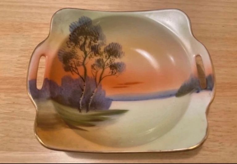 Antique Hand-Painted Noritake Pin/Sweet Dish – “Tree in the Meadow”