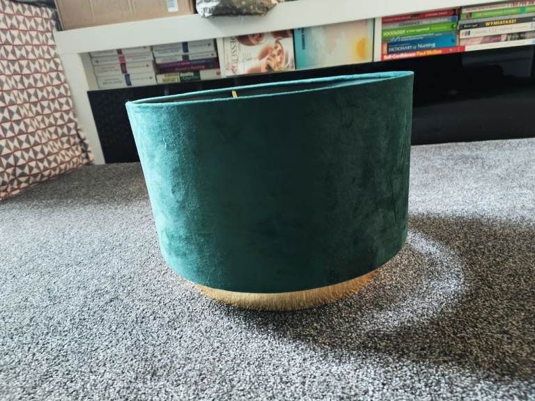 Green Velvet Lampshade with Gold Trim – main character lighting only