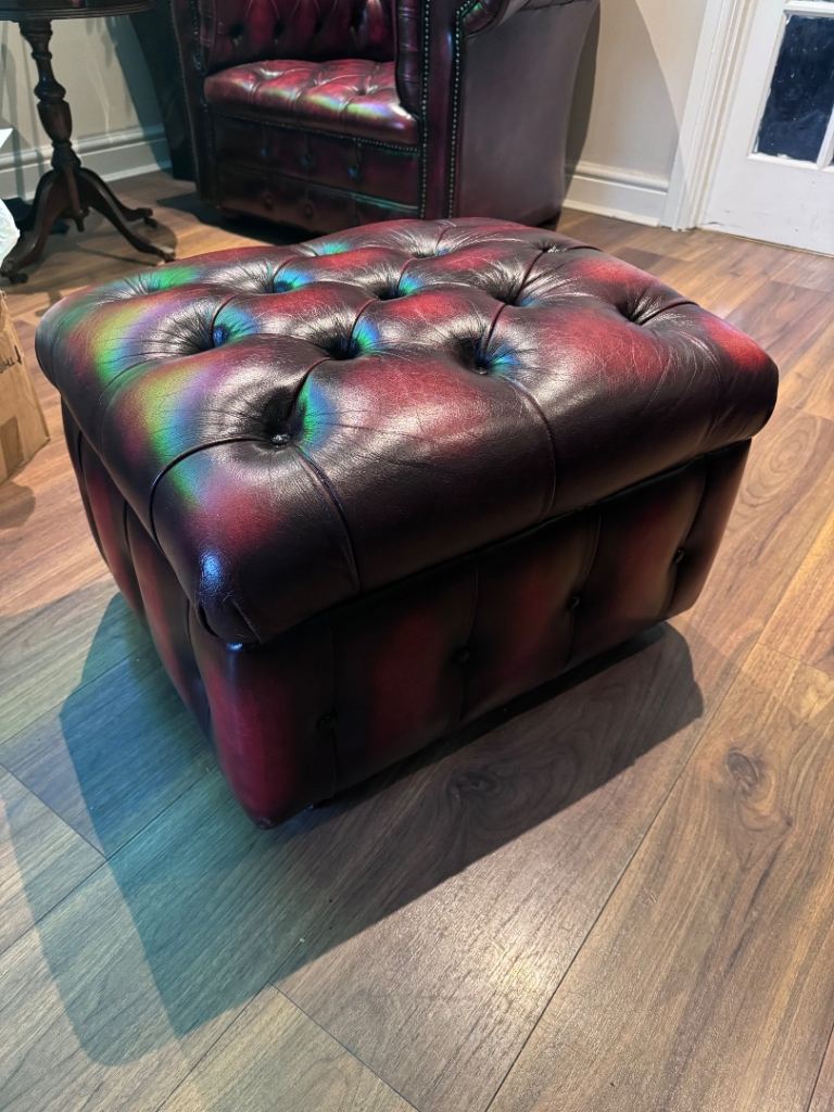 Oxblood Red Leather Chesterfield Style Footstool – Good Condition