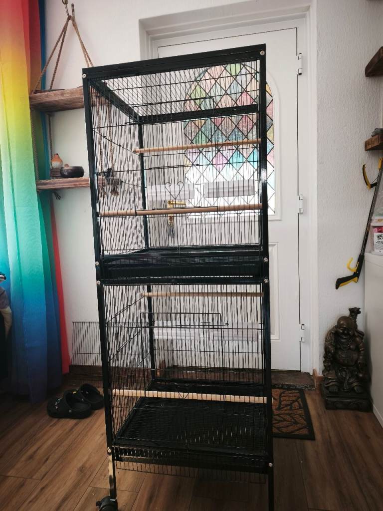 Large Black Bird Cage / Aviary on Wheels - Double Stacked