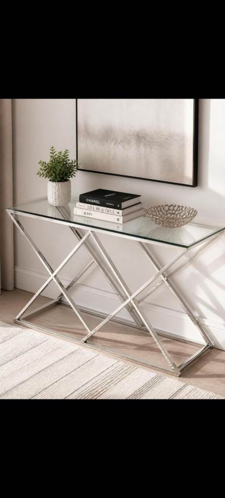 Modern Glass Console Table with Silver Metal Frame