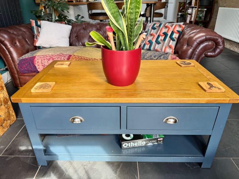 Oak Wood Coffee Table with Two Storage Drawers