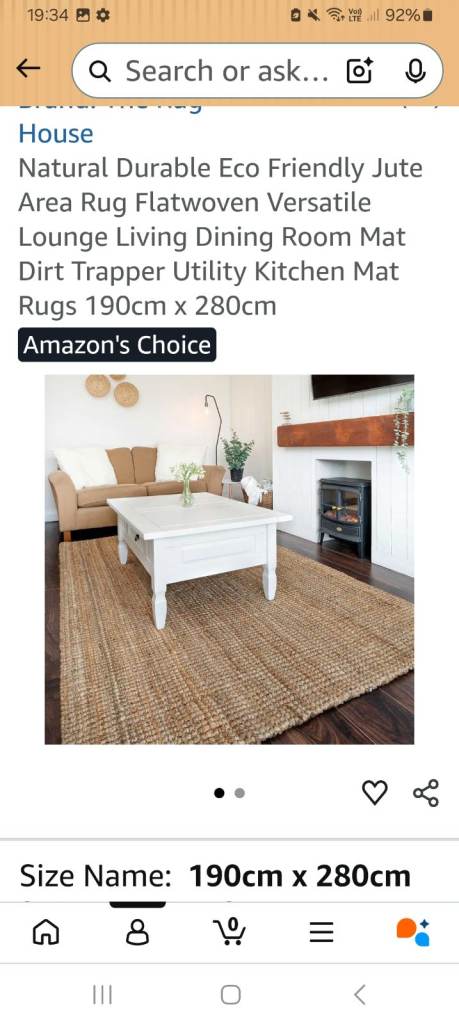 Natural Jute Area Rug 190cm x 280cm – Good Condition