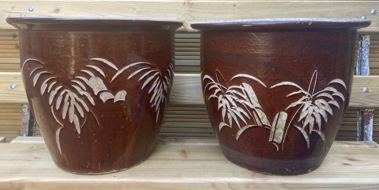 Large Pair Of Frost Proof Brown Glazed Garden Plant Pots Planters