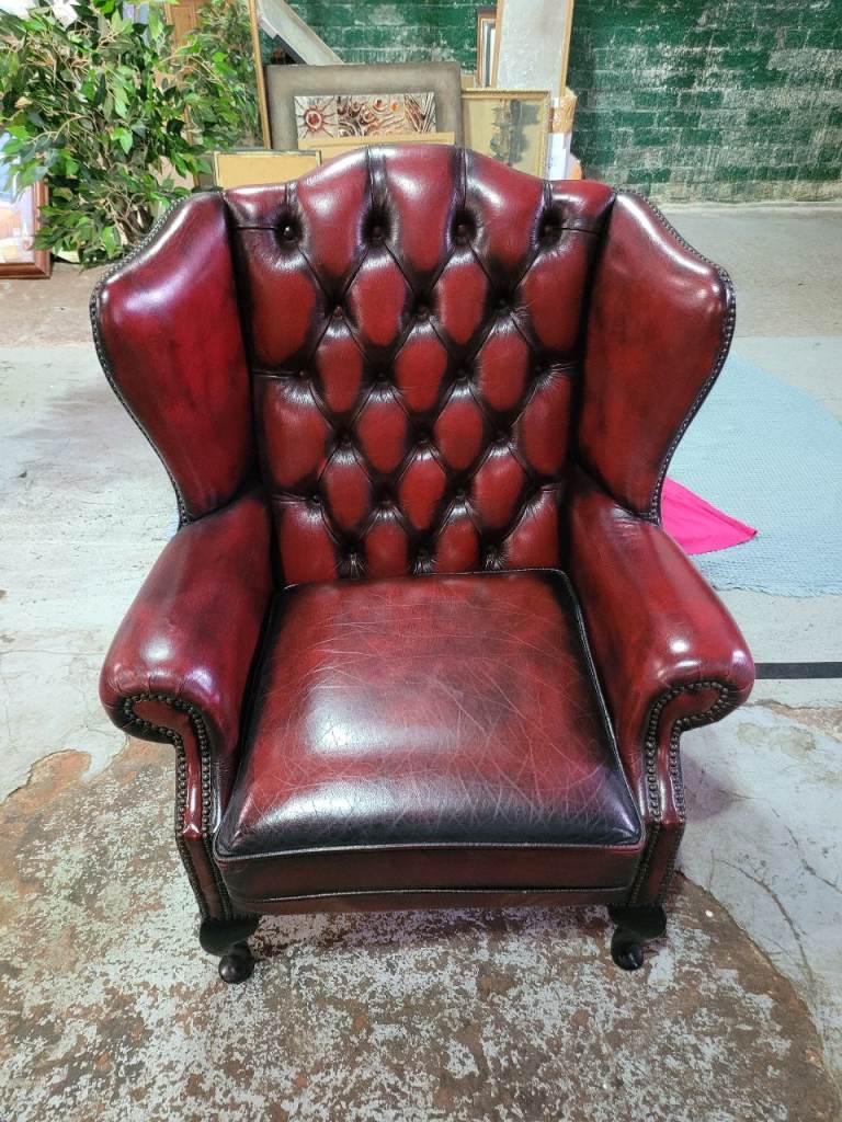 Wingback Chesterfield Armchair – Red Leather, Good Condition