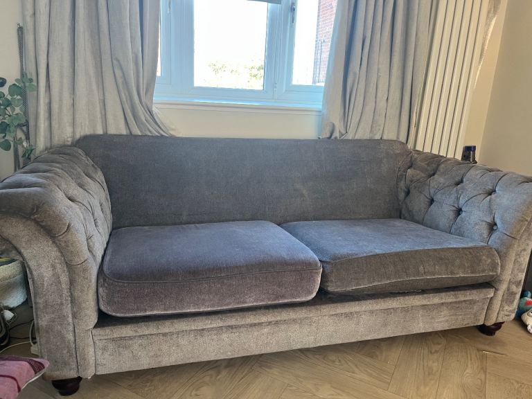 Steel grey 3 seater chesterfield sofa and snuggle chair 