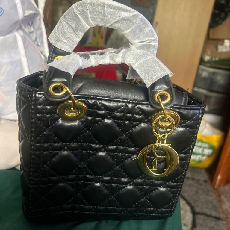 New Black Quilted Handbag with Gold Hardware