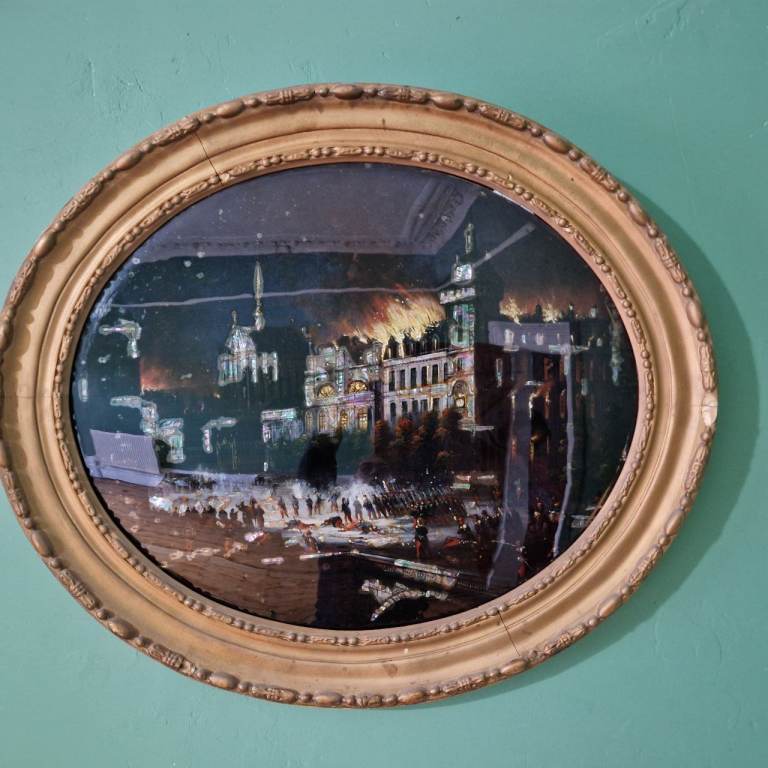 Antique Victorian Reverse Glass Painting Hôtel de Ville, Paris 1871 Fire