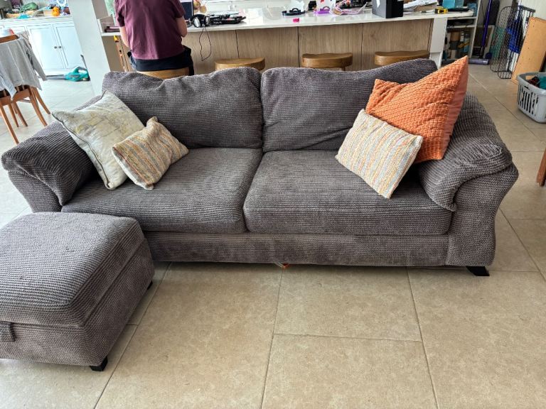 DFS 3-seater Comfy Grey Corduroy Sofa with Storage Footstool