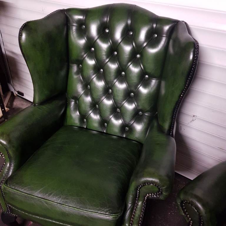 MATCHING Pair Green Leather QUEEN ANNE Chesterfield Wingback arm chairs -FAB