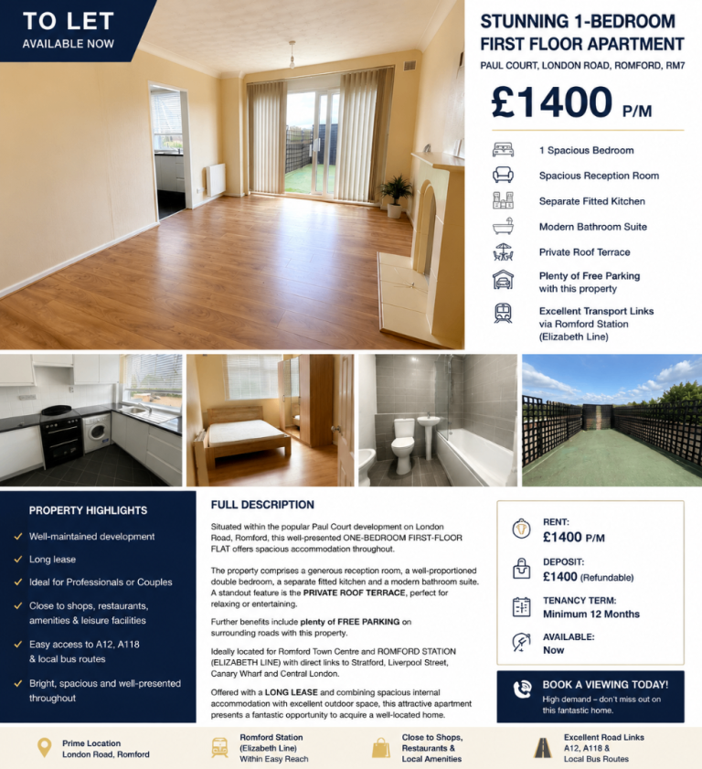 🏡 TO LET Stunning Modern 1-Bedroom First Floor Apartment with Private Roof Terrace Parking Romford