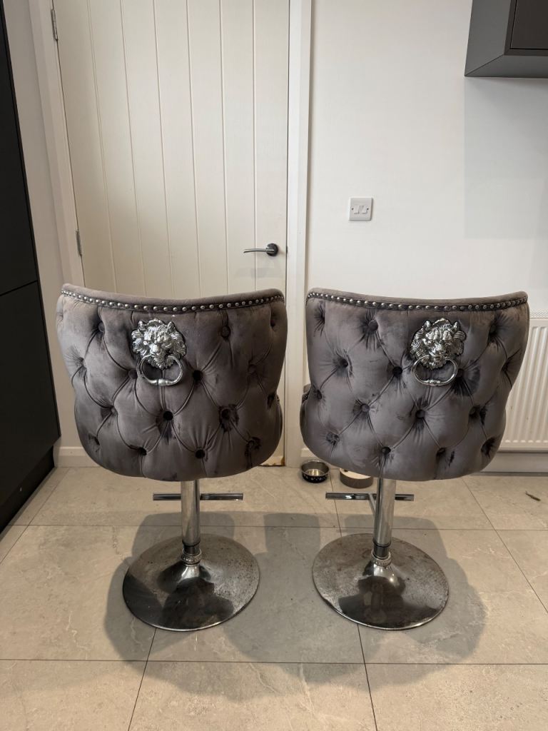 Pair of Grey Velvet Bar Stools with Lion Head Knocker