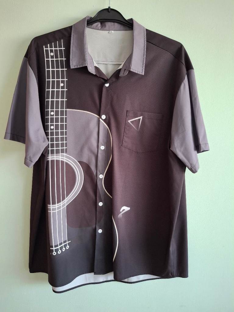 Men's Black & Grey Guitar Print Shirt – Size 2XL, Good Condition