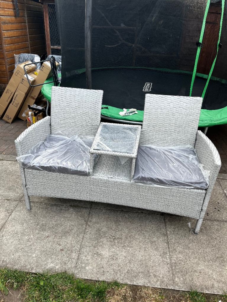 New Grey Rattan Garden Bench with Table – Perfect for Patio