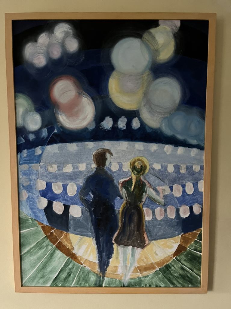 Original oil canvas art work. Theatre/actors on stage. 64cm x 90cm