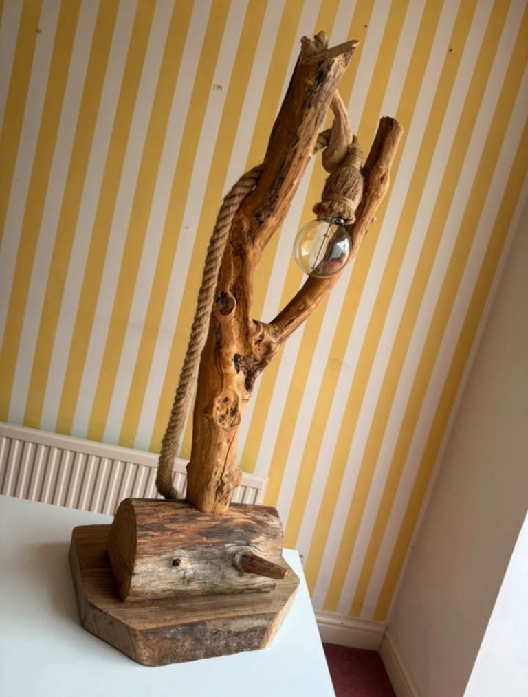 Rustic Handcrafted Wooden Table Lamp with Rope Detail